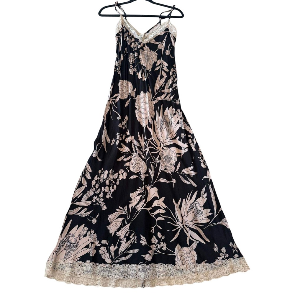 Intimissimi Floral Lace Trim Maxi Nightgown Black Champagne Size M Slip Dress